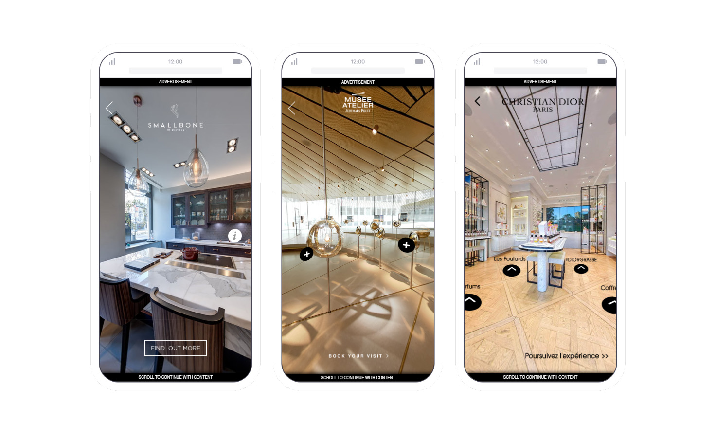 An immersive virtual tour product that allows brands to showcase shops, galleries or landmarks using ThreeJS and panoramic images to create life like scenes to explore.